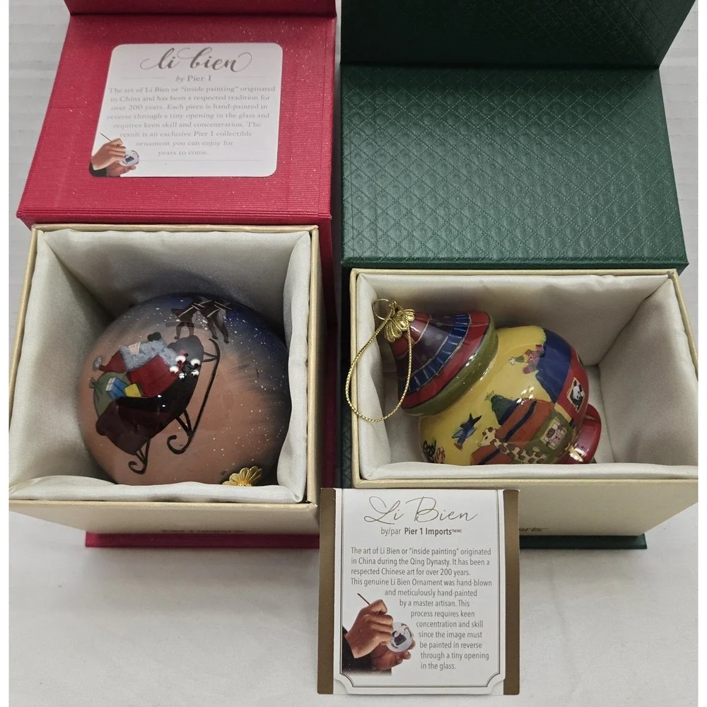 Lot/2 Pier 1 Li Bien Reverse Hand-Painted Glass Christmas Ornaments with Boxes
